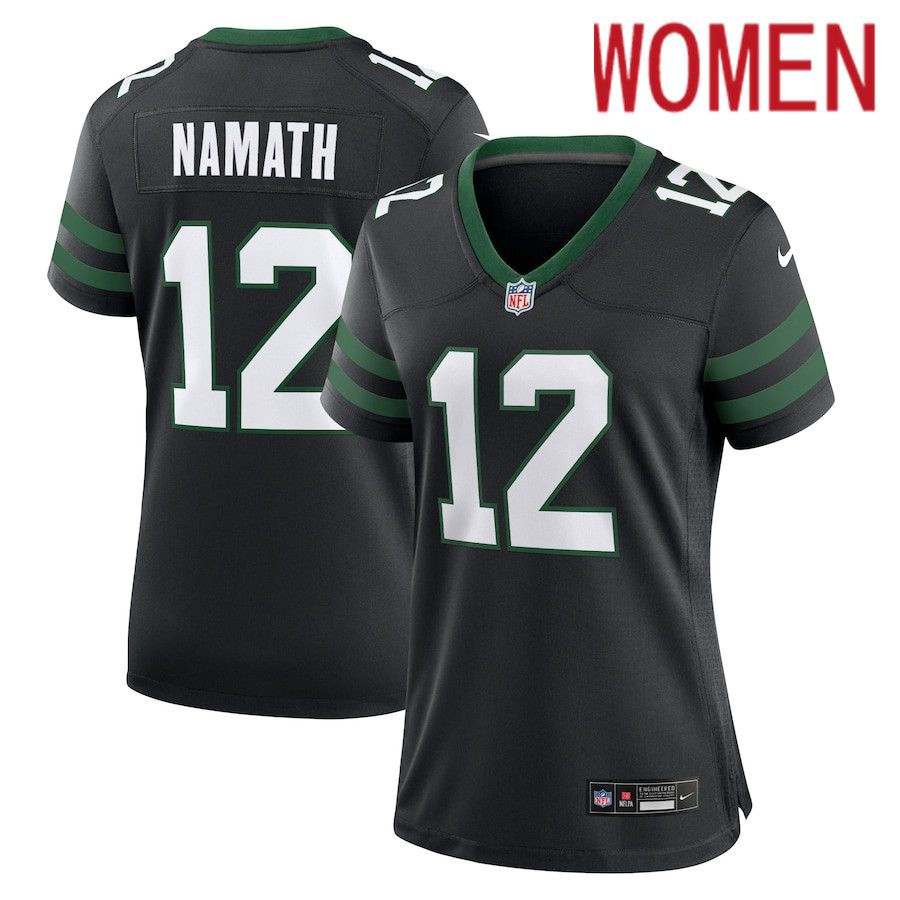 Women New York Jets #12 Joe Namath Nike Legacy Black Retired Player Alternate Game NFL Jersey->->Women Jersey